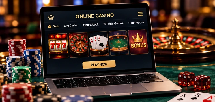 Online casino laptop with slot games, roulette, playing cards and chips on a casino table