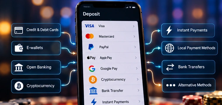Illustration of online casino deposit methods on a smartphone, including cards, digital wallets and bank transfers