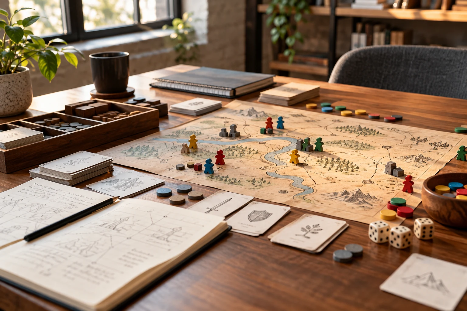 Physical game prototype with a map, dice, colored pieces, cards and sketched rules on a designer's wooden table