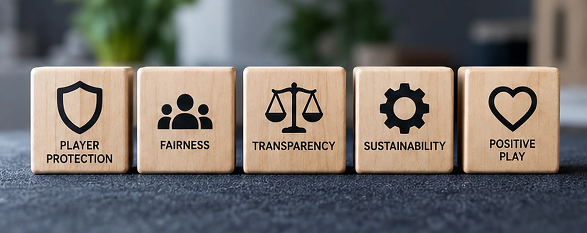 Five wooden symbols represent player protection, fairness, transparency, sustainability and positive play.