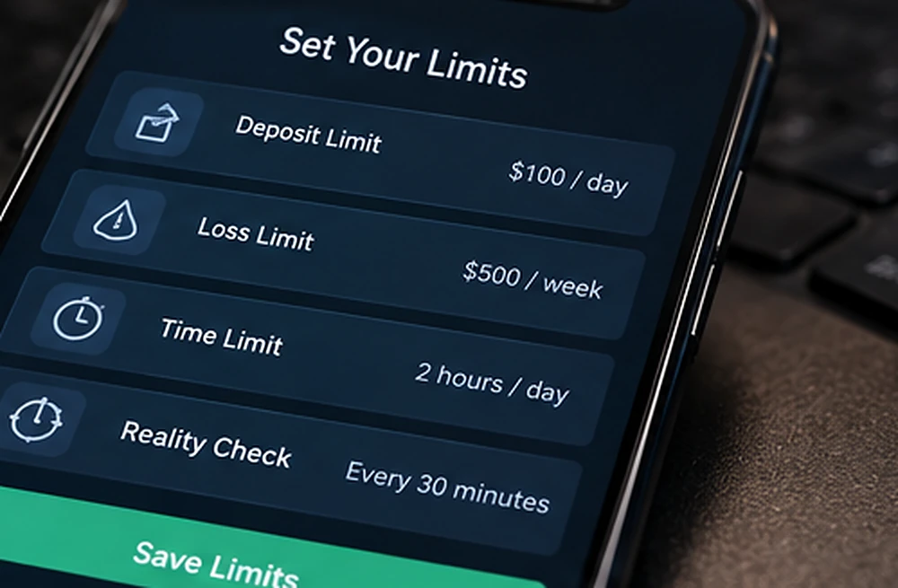 Close-up of online casino deposit, loss and session-limit controls on a smartphone.