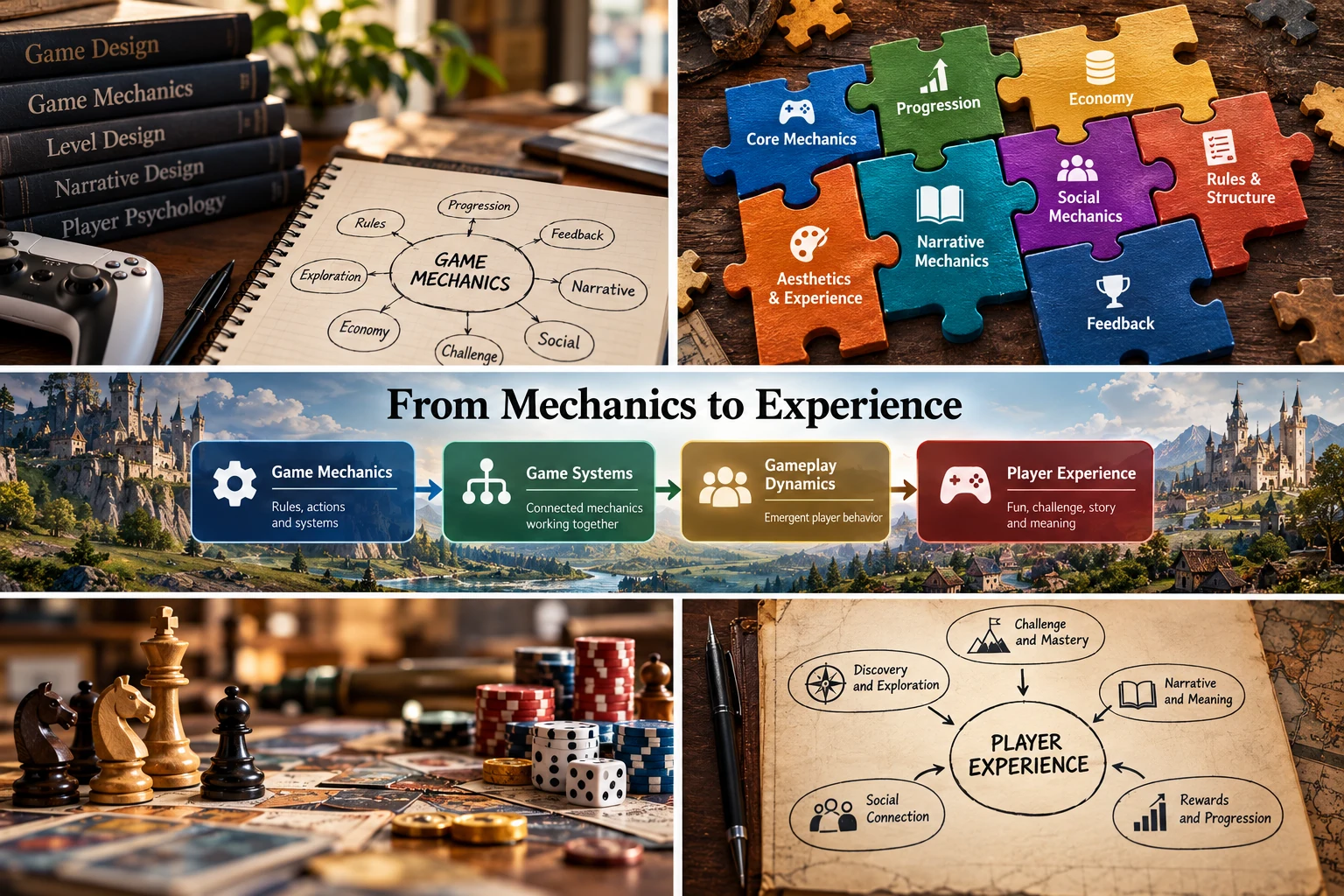 Visual diagram connecting game mechanics and game systems with gameplay dynamics, progression, goals, and player experience