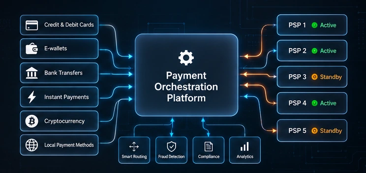 Payment orchestration flow connecting card payments, bank transfers and wallets to several payment service providers