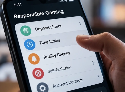 Mobile screen showing player protection settings including self-exclusion, daily spend limits, and cooling-off timers