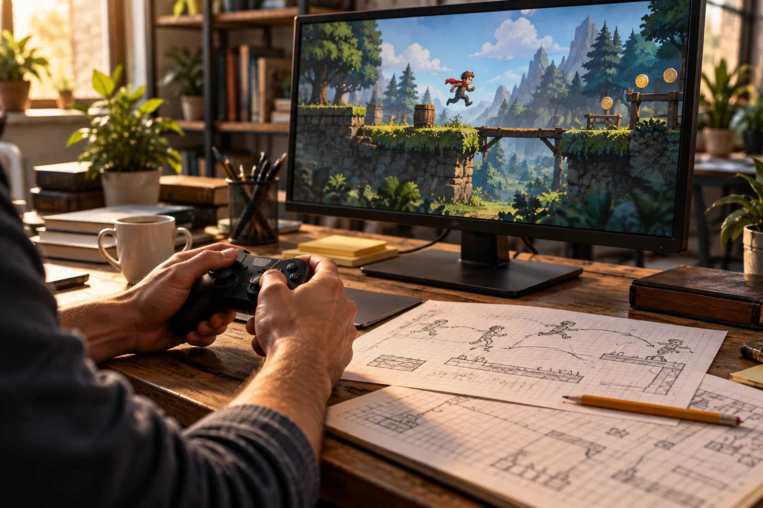 Game designer using a controller to test a side-scrolling platformer with jumping, obstacles, and level sketches