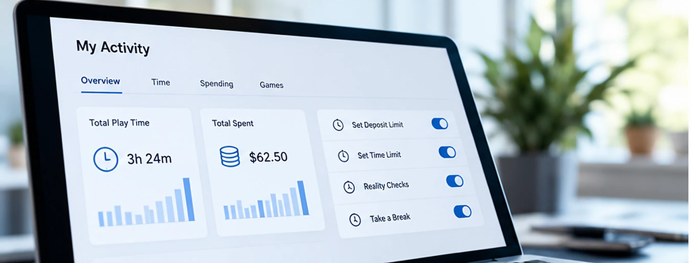 A player activity dashboard displays spending, play time and responsible gambling settings.