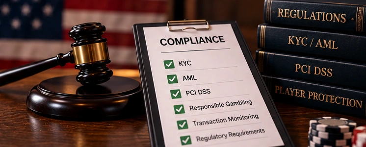 Gavel beside compliance checklist with KYC, AML, PCI DSS and player protection on a desk with U.S. flag