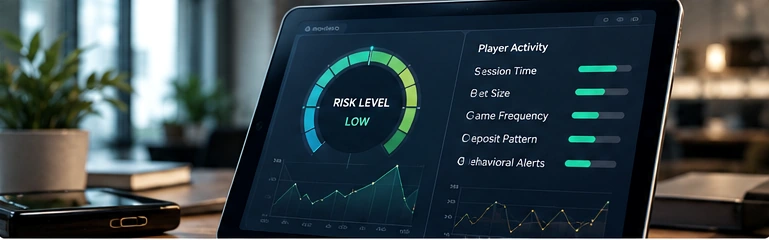 Data analytics screen tracking responsible gaming risk indicators and behavioral session telemetry