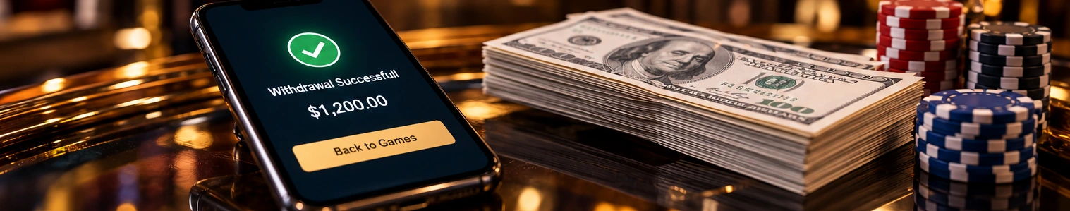 Online casino withdrawal completion notification on a smartphone beside poker chips and U.S. banknotes