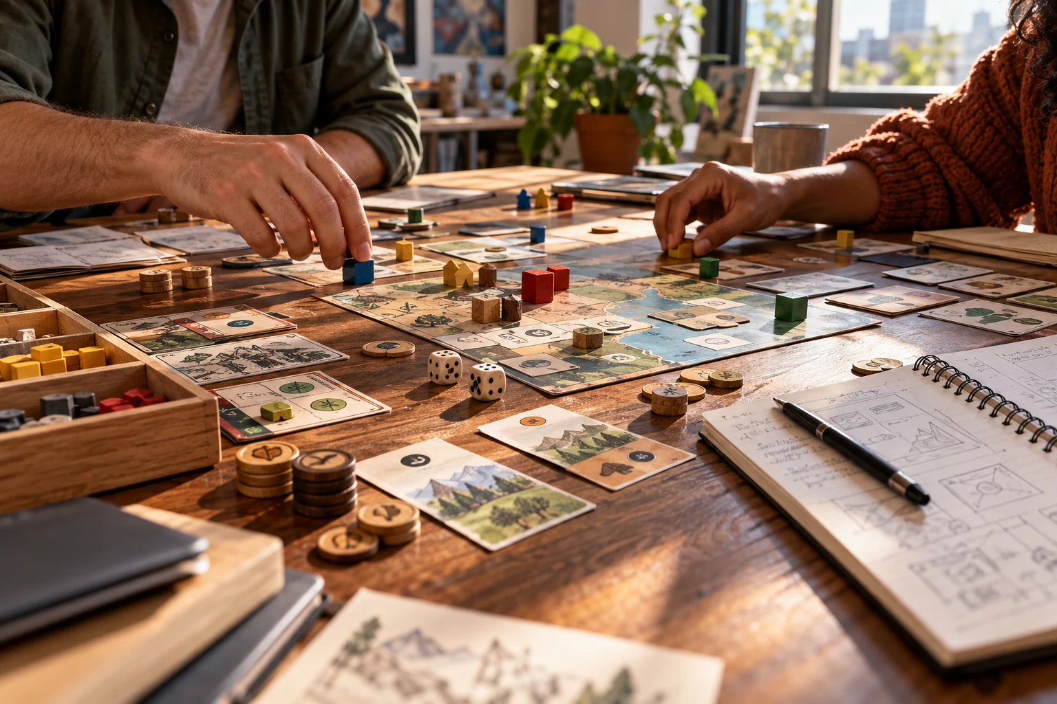 Two adults testing a tabletop game with wooden pieces, tokens, dice, cards and written notes in a contemporary American studio
