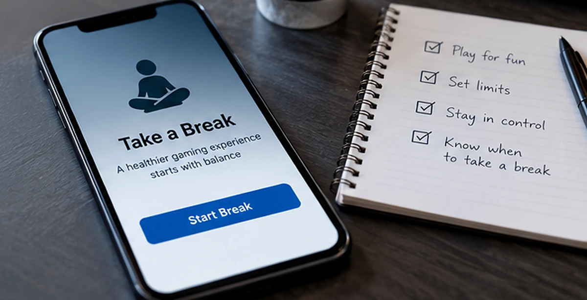 A smartphone break reminder beside a handwritten safe-play checklist.