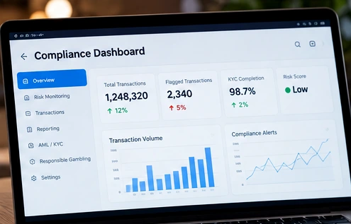 Illustrative anti-money-laundering transaction monitoring dashboard on a laptop