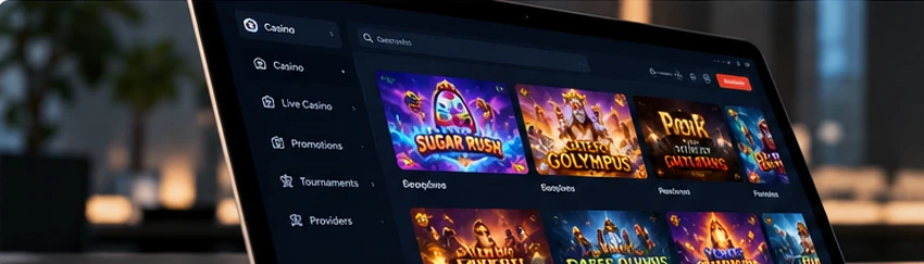 Online casino game catalog displayed on a laptop screen; illustrative artwork
