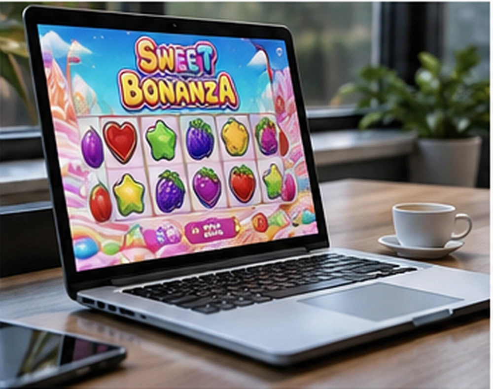 A digital casino game displayed on a laptop in a naturally lit room.