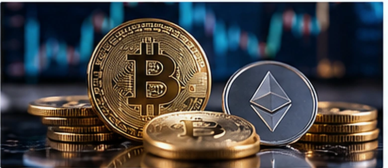 Realistic Bitcoin and Ethereum coin props on a desk illustrating digital asset payment considerations.