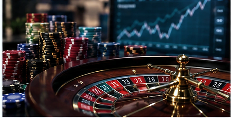 Roulette wheel and casino chips beside a screen showing an operator analytics chart.