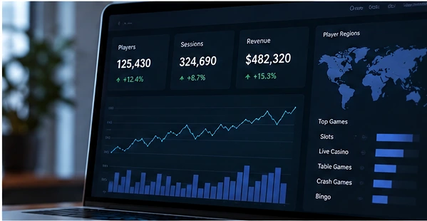 Casino product analytics dashboard showing player, session, and revenue metrics.