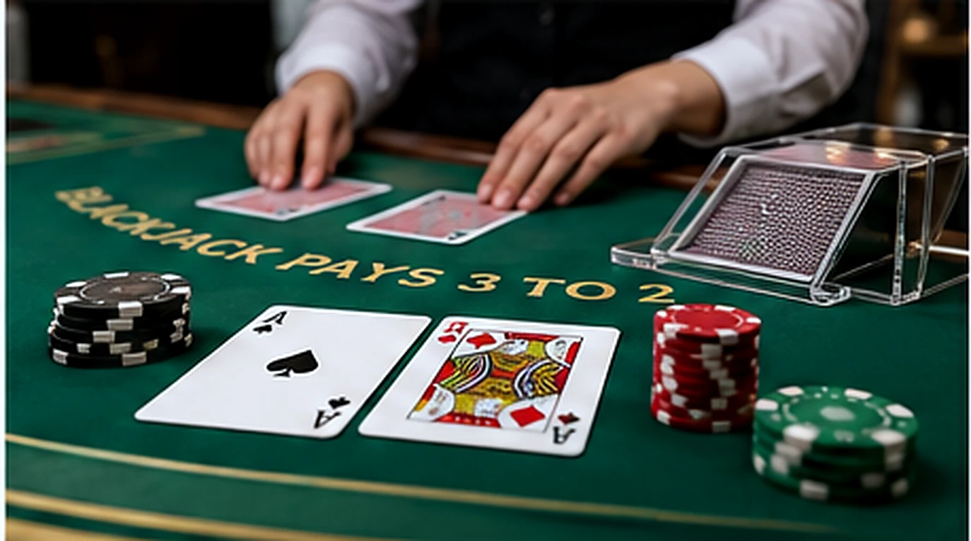 Live blackjack table with playing cards, chips and a transparent card shoe used in table operations