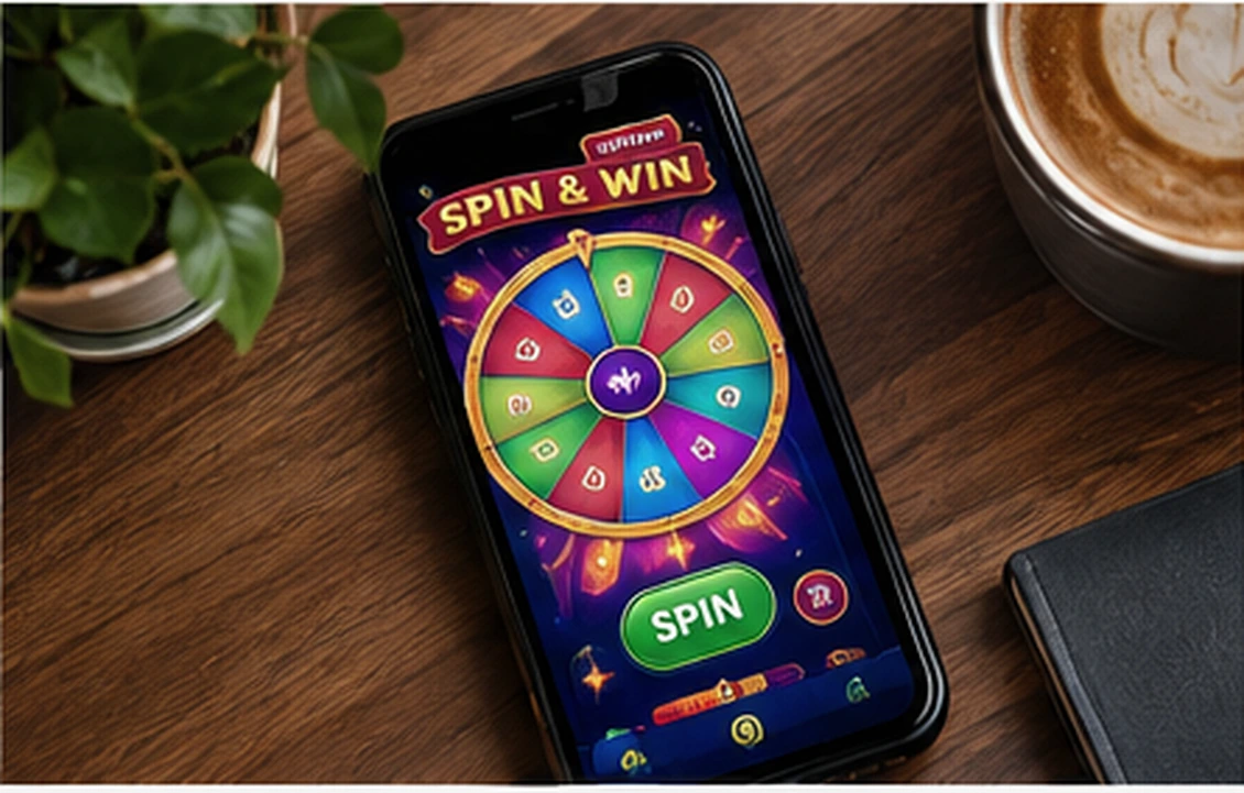 A smartphone displaying a wheel-based instant-play casino game on a desk.