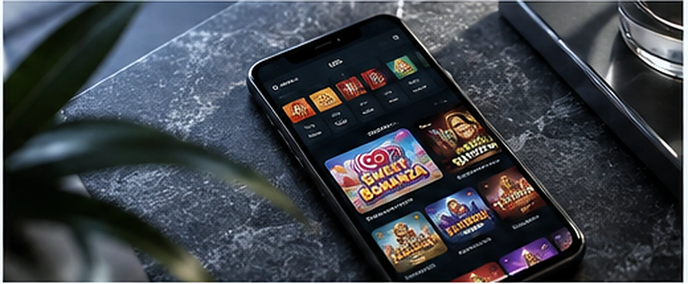 Smartphone with mobile online slot and casino games on a stone countertop.