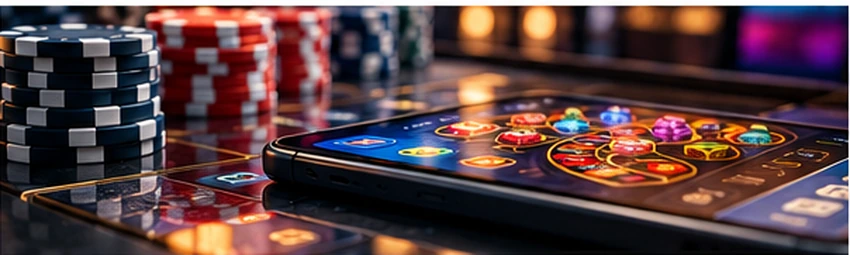 Online casino game running on a handheld device beside gaming chips; illustrative artwork