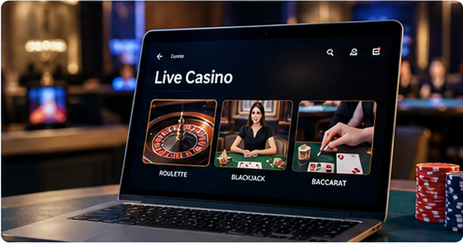 Laptop displaying an online live-casino game selection with roulette, blackjack and baccarat