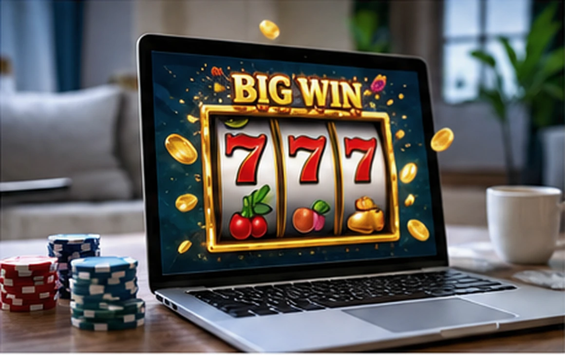 An unbranded online slot-style reel game displayed on a laptop alongside casino chips.