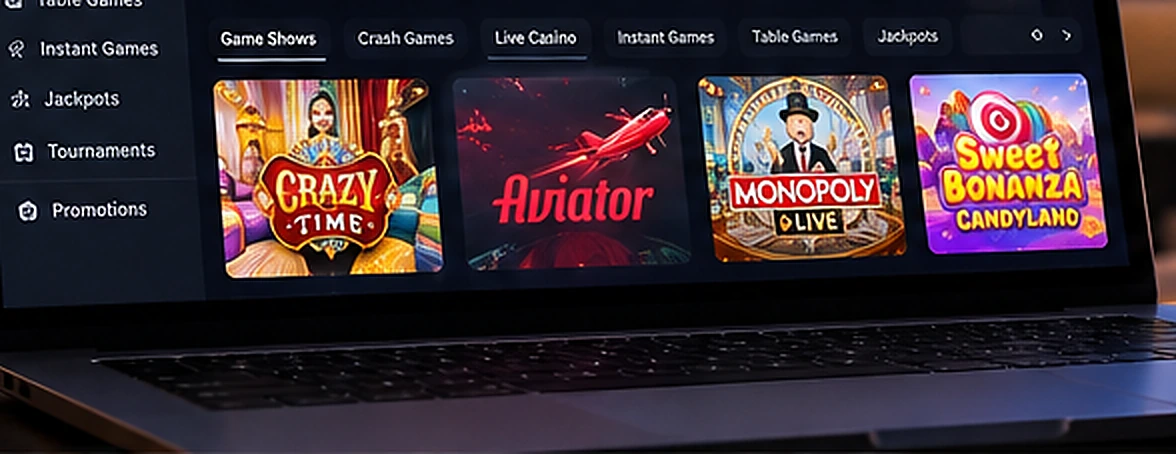 Illustrative online casino game library displayed on a laptop screen