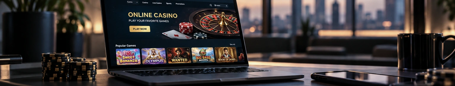 Real-world laptop displaying an online casino lobby beside roulette chips and a smartphone.