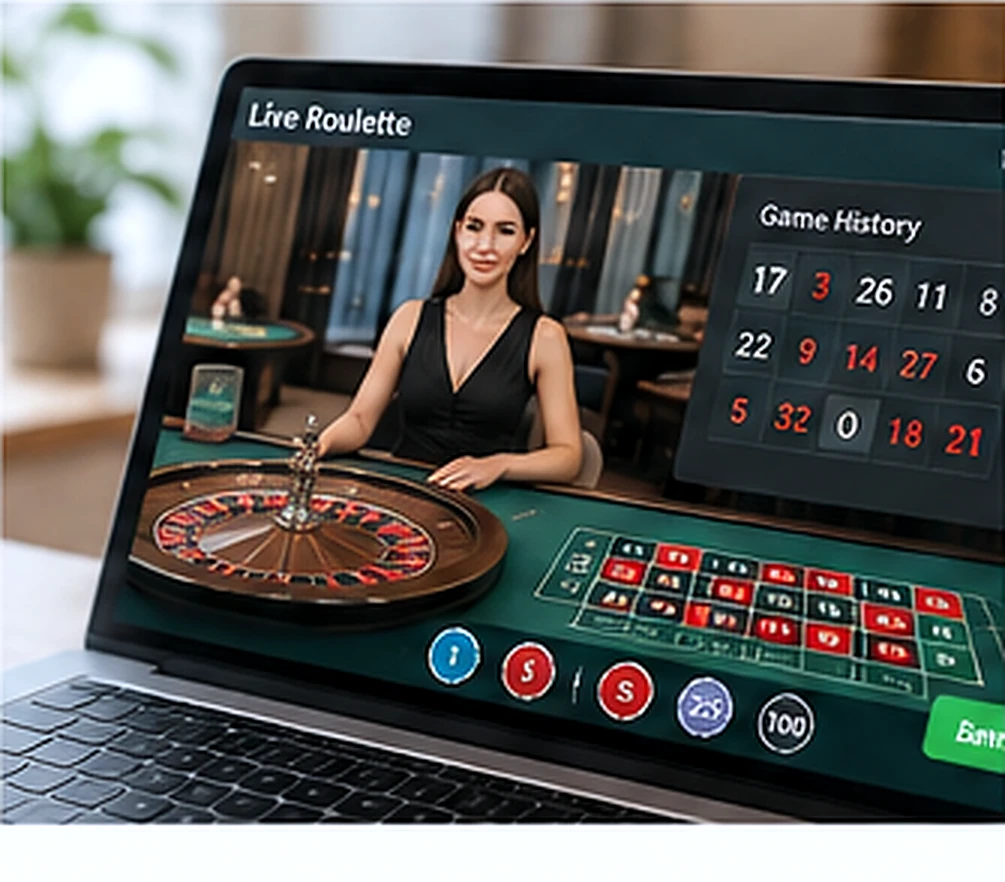 Online live roulette interface with recent game results and a digital betting table