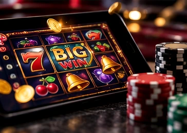 Online slot game displayed on a tablet with gaming chips