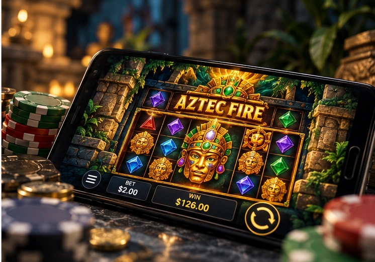 Illustrative mobile online slot game with reels, chips and a tablet in a traditional casino setting.
