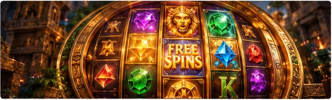 Detailed slot reels with colorful symbols and bonus features