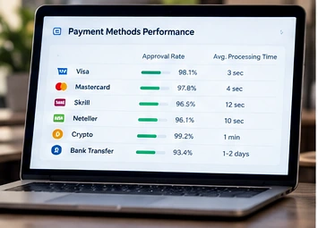Laptop displaying illustrative payment-provider performance metrics