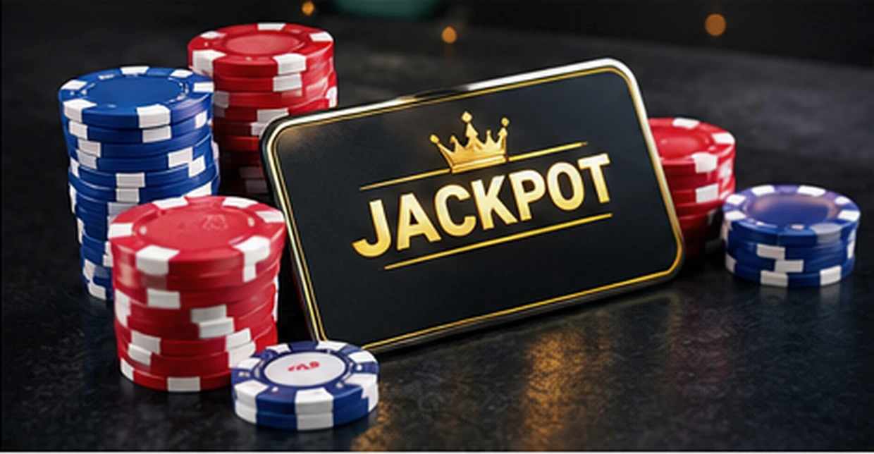 A smartphone showing a jackpot-themed casino result, surrounded by stacks of chips.