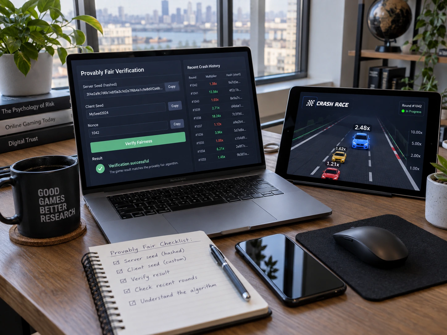 Laptop with a provably fair verification dashboard next to a tablet showing a racing-style crash game