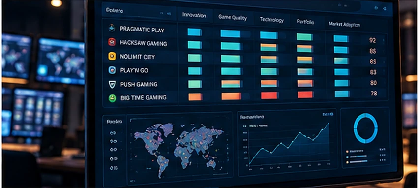 Casino game provider evaluation dashboard with performance charts; illustrative artwork