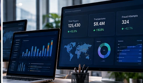 RegTech analytics workstations showing illustrative risk and payments monitoring dashboards