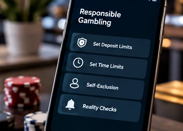 Responsible gambling limits and self-exclusion settings on a smartphone beside casino chips