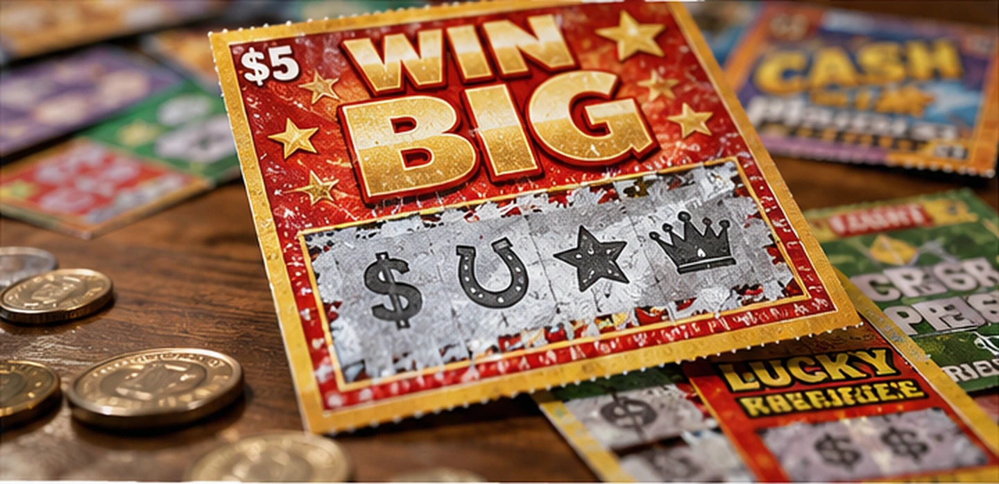 A close-up of physical scratch-off tickets and coins on a tabletop.