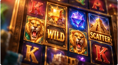 Close view of slot game symbols including wild and scatter tiles