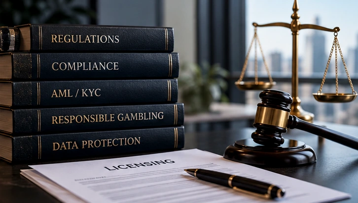 Gaming regulation books and licensing papers beside a gavel and balance scales